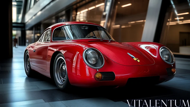 Photoreal red classic sports coupé in modern glass atrium