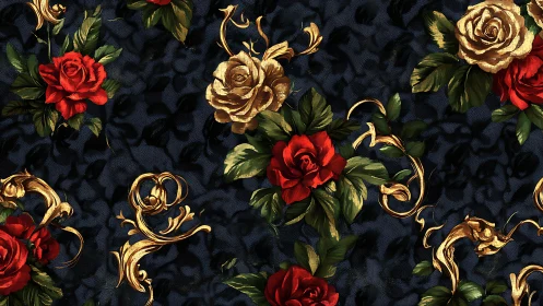 Elegant Gold and Red Roses on Dark Damask Pattern.