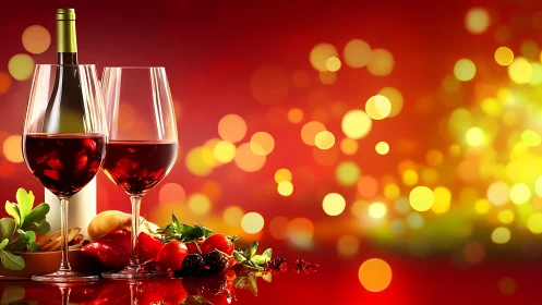 Red wine glasses and bottle stand before defocused bokeh lights