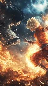 Blazing anime duel ignites a stormy battlefield in midair