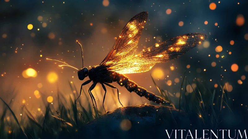Glow-winged dragonfly resting in a dreamy night meadow.