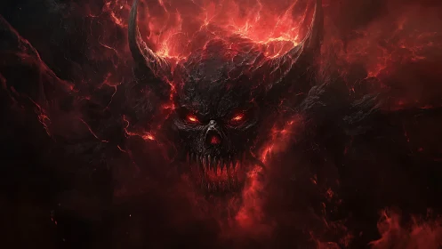 Fiery horned demon emerging from swirling molten darkness.