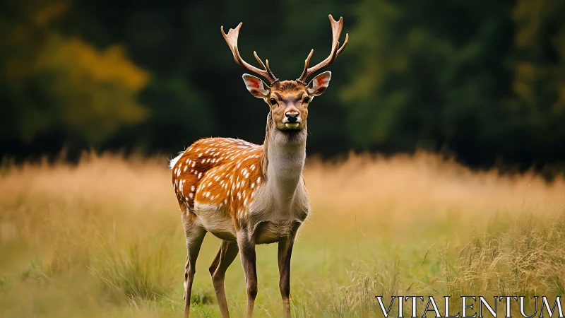 Golden meadow sentinel stag under forest hush.
