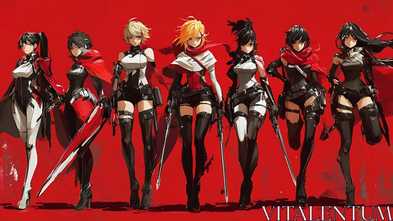Dynamic anime squad lineup in high-contrast red field composition.