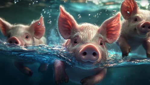 Swimming piglets slice turquoise water in playful motion.