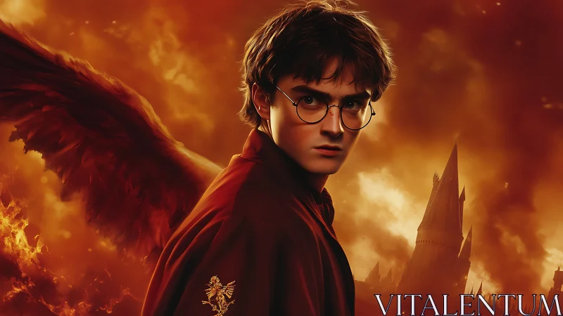 Winged boy in red cloak stares over burning castle ruins