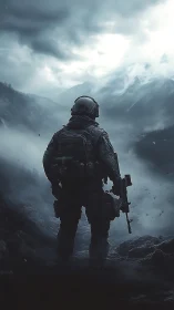 Lone soldier pausing in misty mountain silence at dusk.