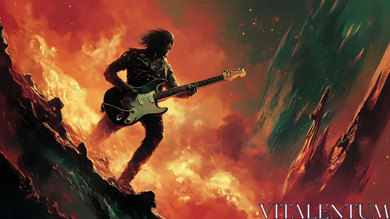 Rock guitarist stands in fiery cosmic landscape with guitar.