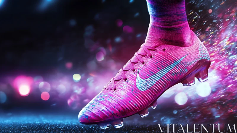 Iridescent magenta football cleat in dynamic stadium light.