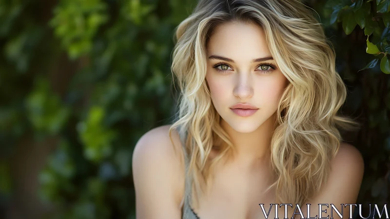 Shallow-depth portrait of blonde woman in natural foliage light