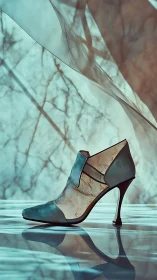Sheer mesh high heel shoe on reflective marble surface.