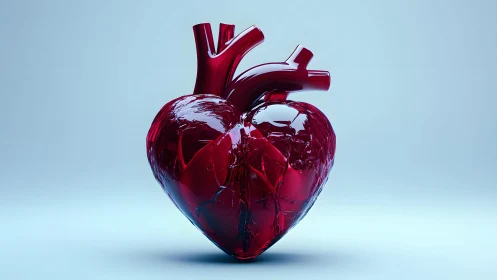 Realistic Glass Heart Sculpture on Soft Blue Background.