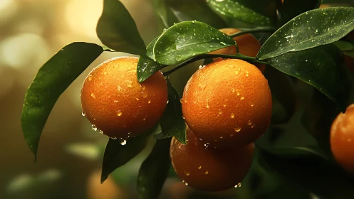 Sunlit mandarins trade raindrops for a slow golden glow