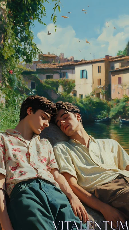 Two souls resting by a gentle river in Italy