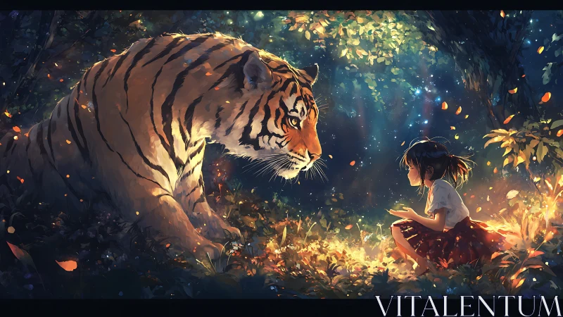 Tiger and child sit facing each other in a forest clearing