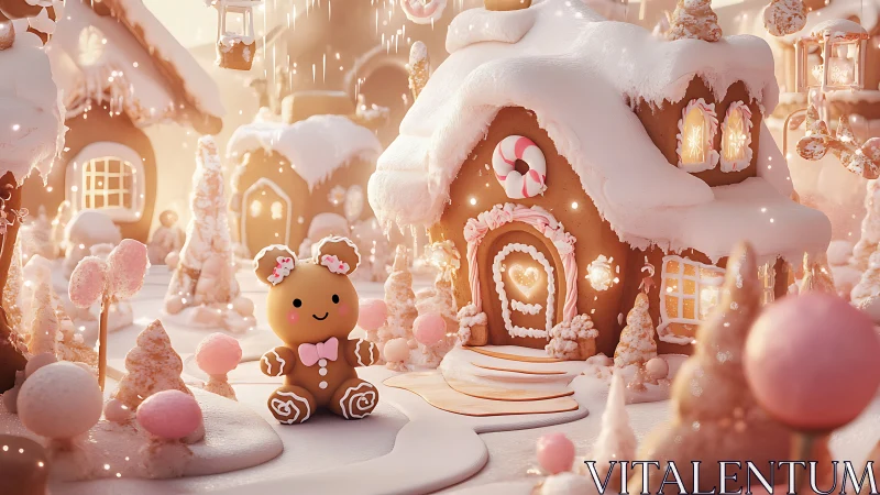 Sugar-dusted gingerbread village and smiling cookie guide.