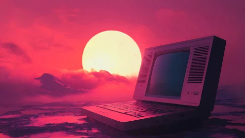 Retro computer before neon sunset in misty dreamscape.