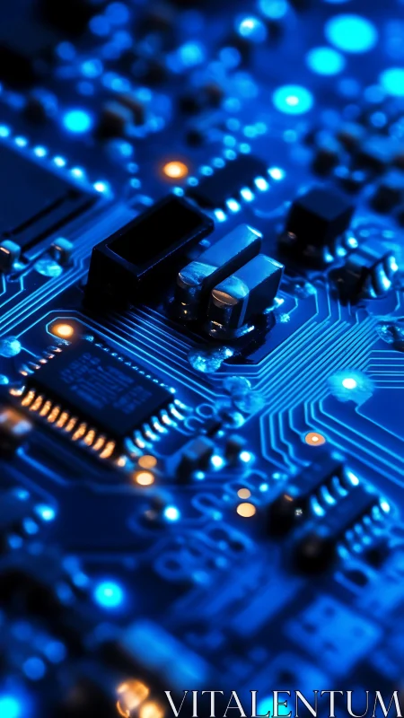 Close-up view of illuminated blue printed circuit board.