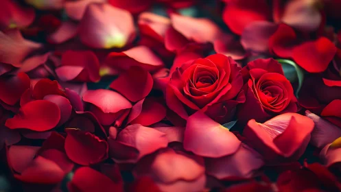 Crimson Roses with Scattered Petals: Shallow Depth of Field Photography.
