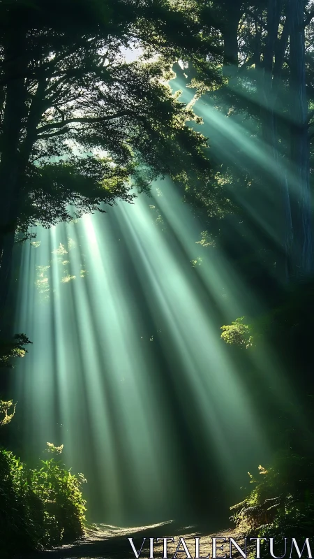 Sunlit forest path pierced by radiant morning beams.