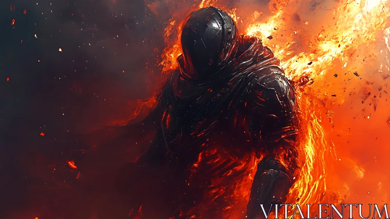 Armored dark figure emerging from intense surrounding fire.