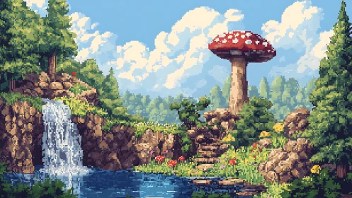 Pixel-rendered forest waterfall and giant mushroom under diffuse daylight