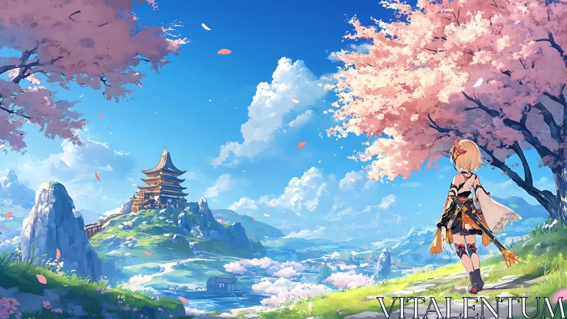 Anime girl observes distant pagoda across bright valley