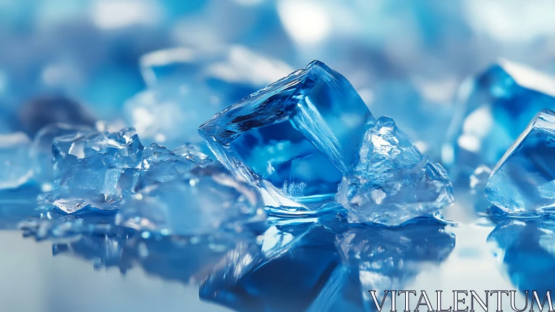 Gleaming blue ice cubes rest on a reflective chilled surface.