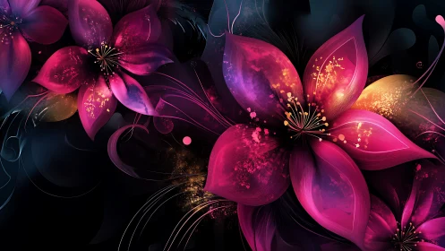 Neon blossoms glow against a dark abstract cosmic backdrop