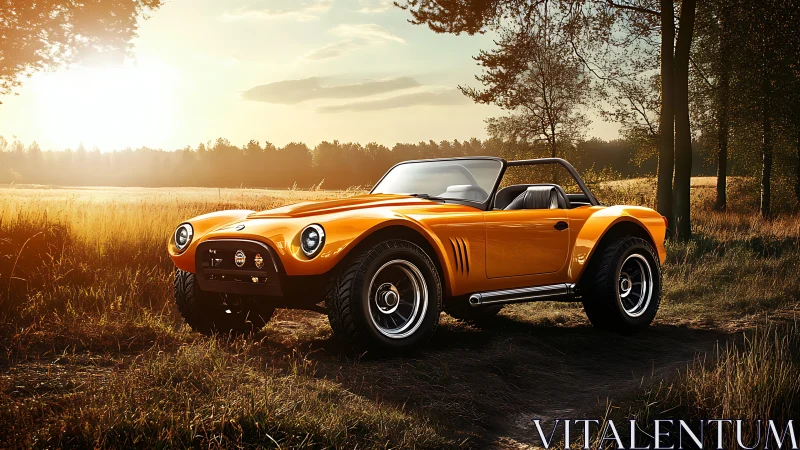 Orange off-road sports car stands on dirt path at sunset
