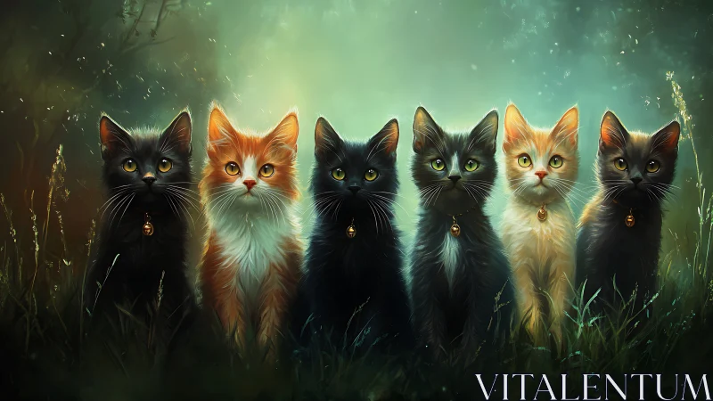 Six cats in mystical forest with glowing green light.