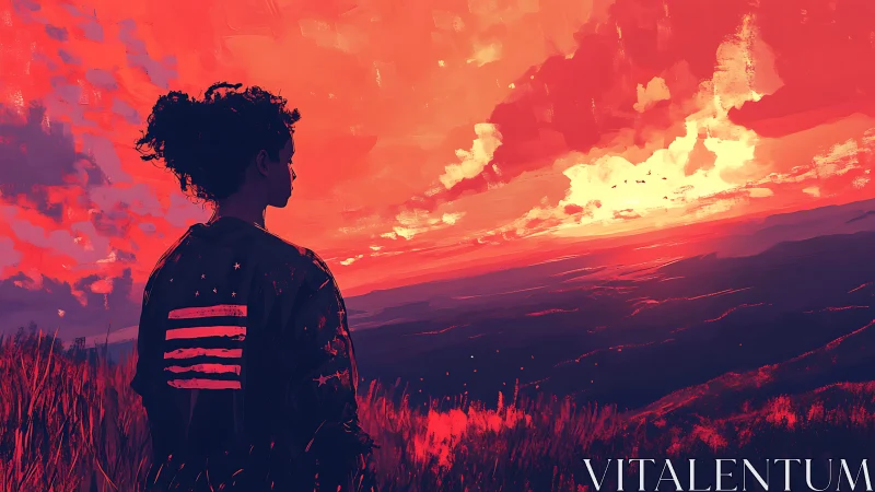 Lone dreamer studies a blazing crimson horizon at dusk.