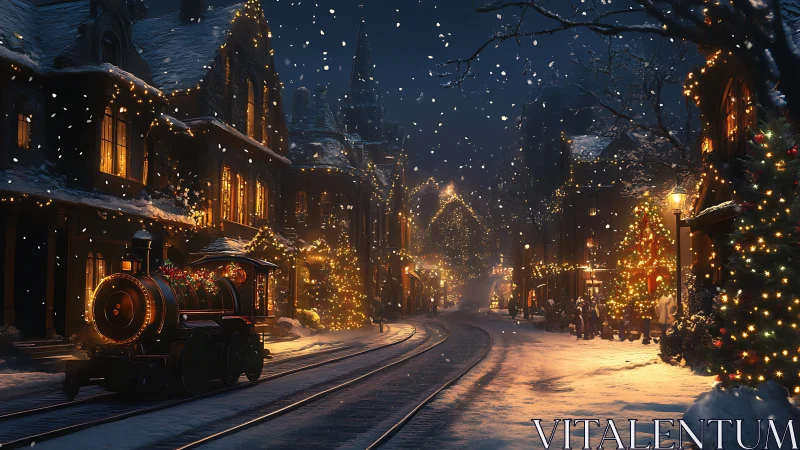 Snow-covered town street with lit train and buildings at night.