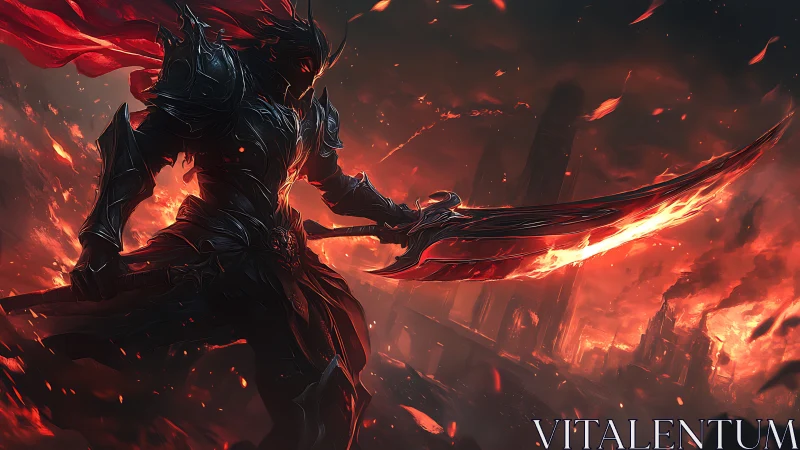 Armored humanoid figure holds flaming blade in ruined city