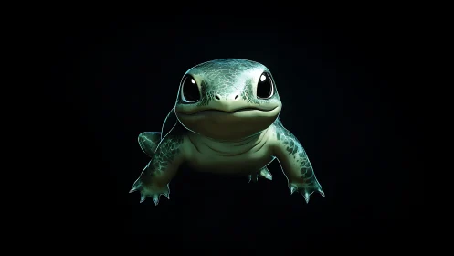 Bioluminescent baby lizard render with glossy specular skin.