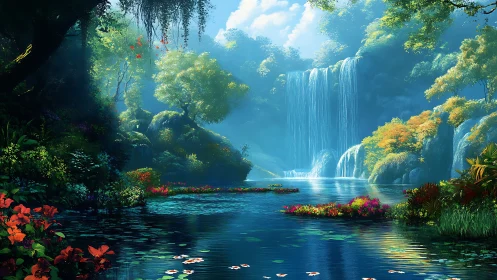 Luminous tropical waterfall basin rendered in high-saturation digital color