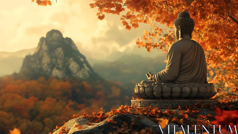 Serene Buddha statue overlooks misty mountains at autumn dusk