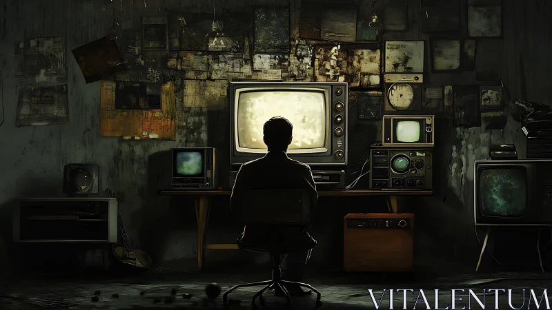 Solitary figure before vintage monitors in dim workspace.