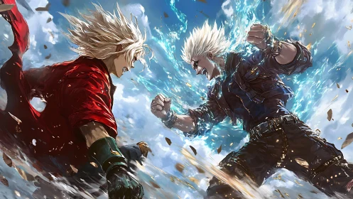 Storm-charged rivals collide under a sky of shattered calm.