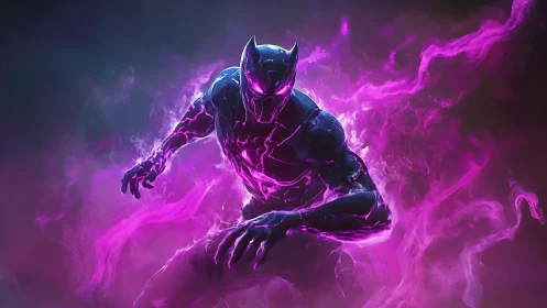 Vibrant cosmic panther hero glowing with electric purple energy.