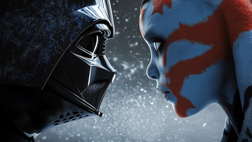 Armored dark figure stares down blue warrior in snow