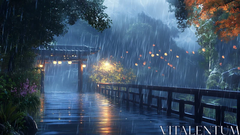Soft lantern light welcomes evening rain along a quiet bridge