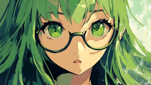 Green-haired anime girl portrait with reflective glasses.