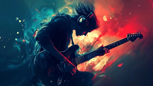 Headphoned guitarist in vivid abstract color burst digital.