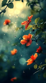 Red Flowers with Dragonfly and Water Droplets.