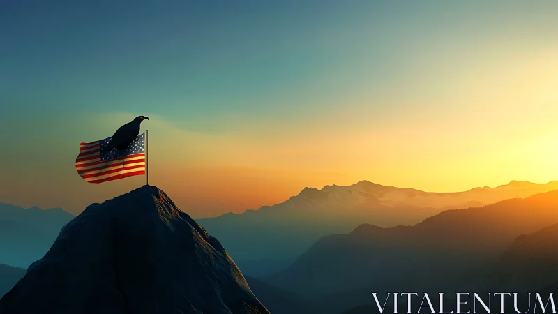 Eagle and American flag crowned by radiant mountain sunrise.