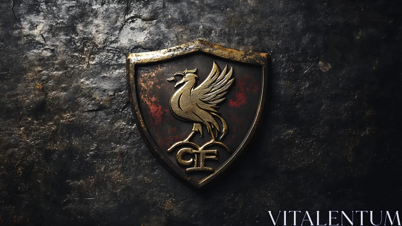 Metallic heraldic crest with phoenix emblem on dark shield.