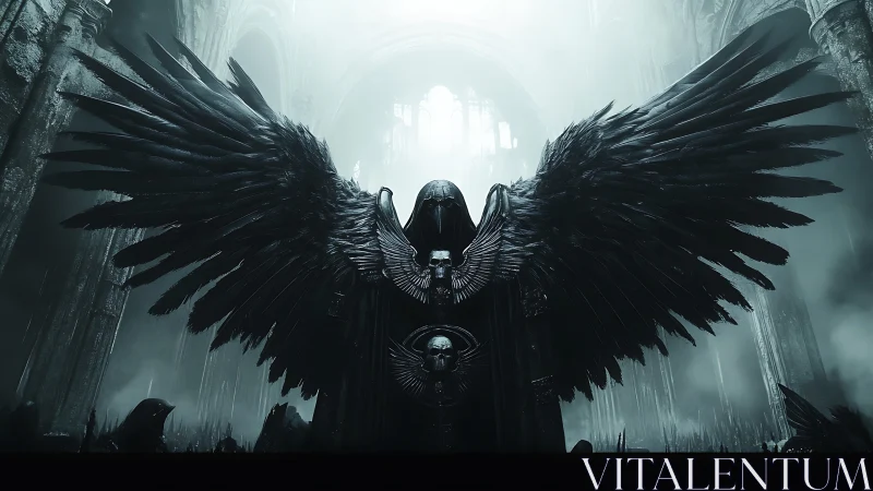 Hooded winged figure dominates ruined gothic nave in monochrome