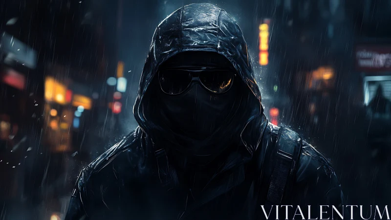 Hooded figure in dark rainy city street at night stands still