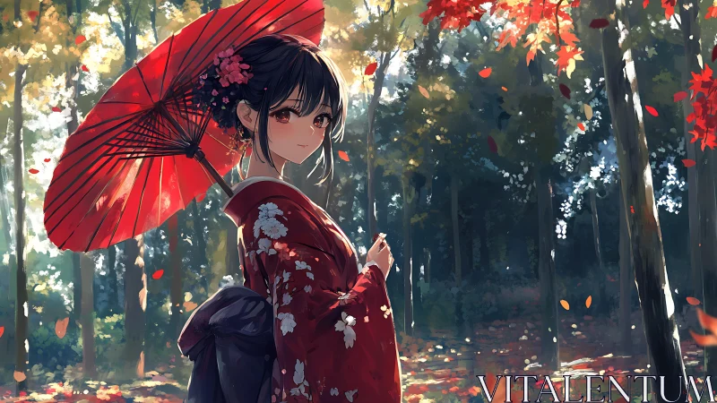 Autumn kimono girl pauses beneath a vivid red umbrella.